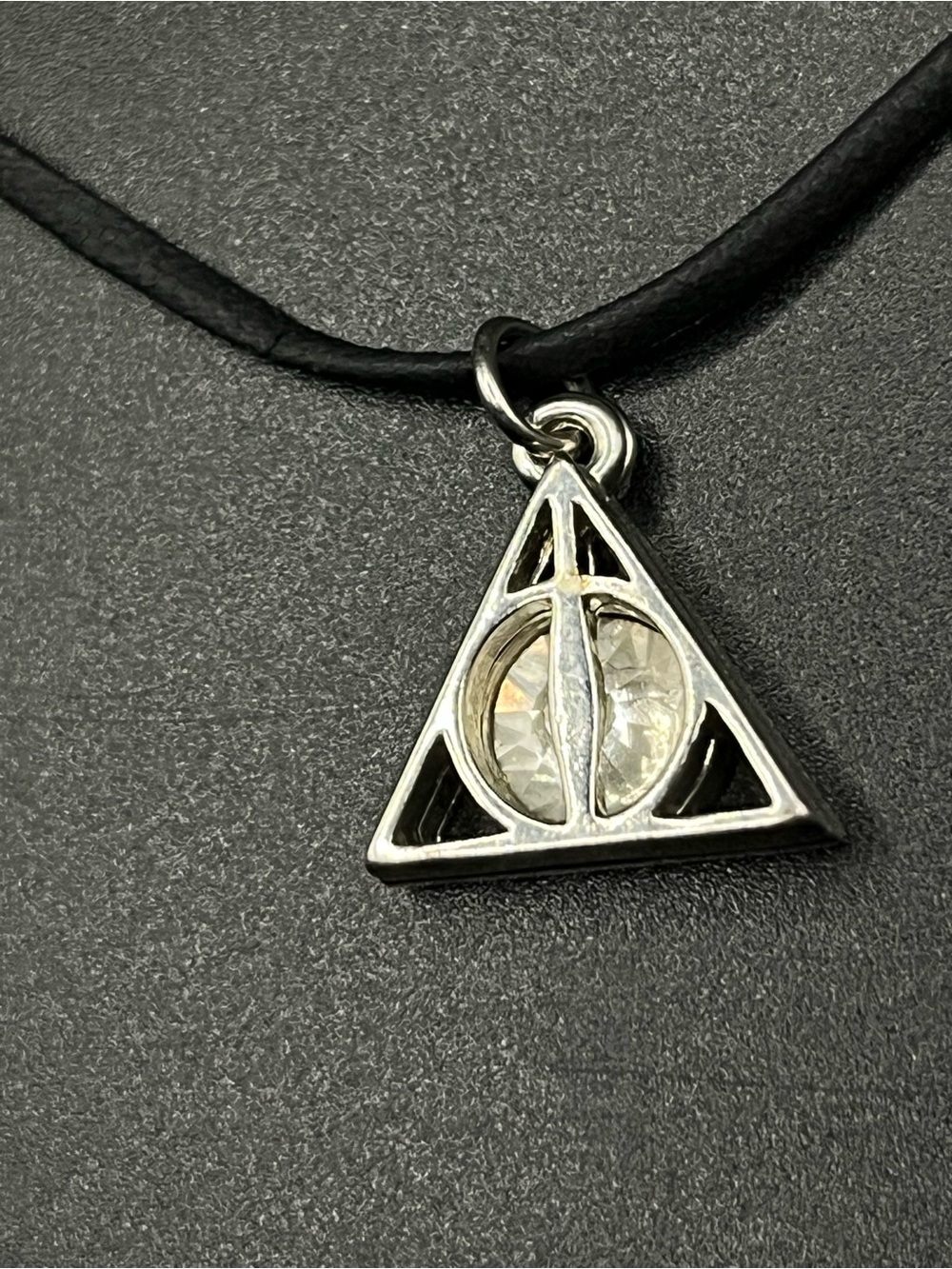 Silver Deathly Hallows Triangle Pendant Necklace in Black